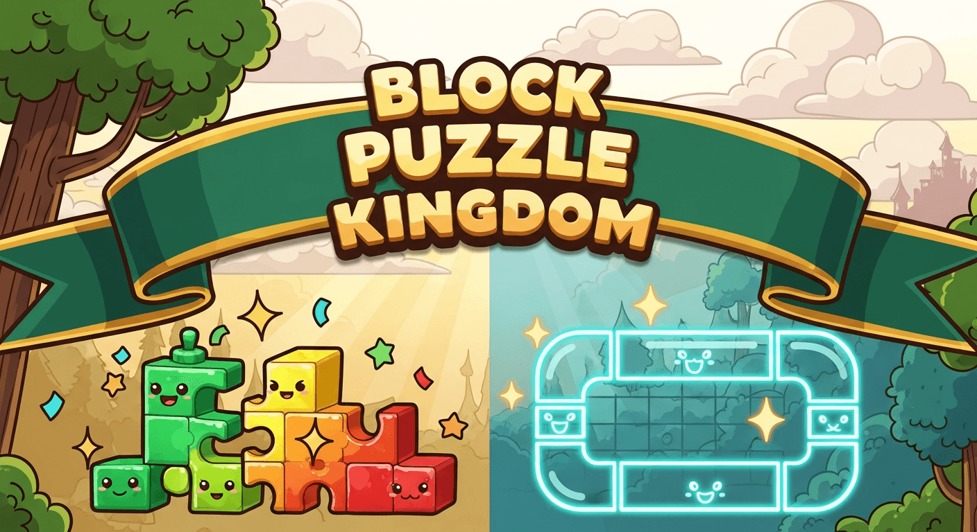 Block Puzzle Kingdom — cartoon block puzzle and neon path puzzle hero banner